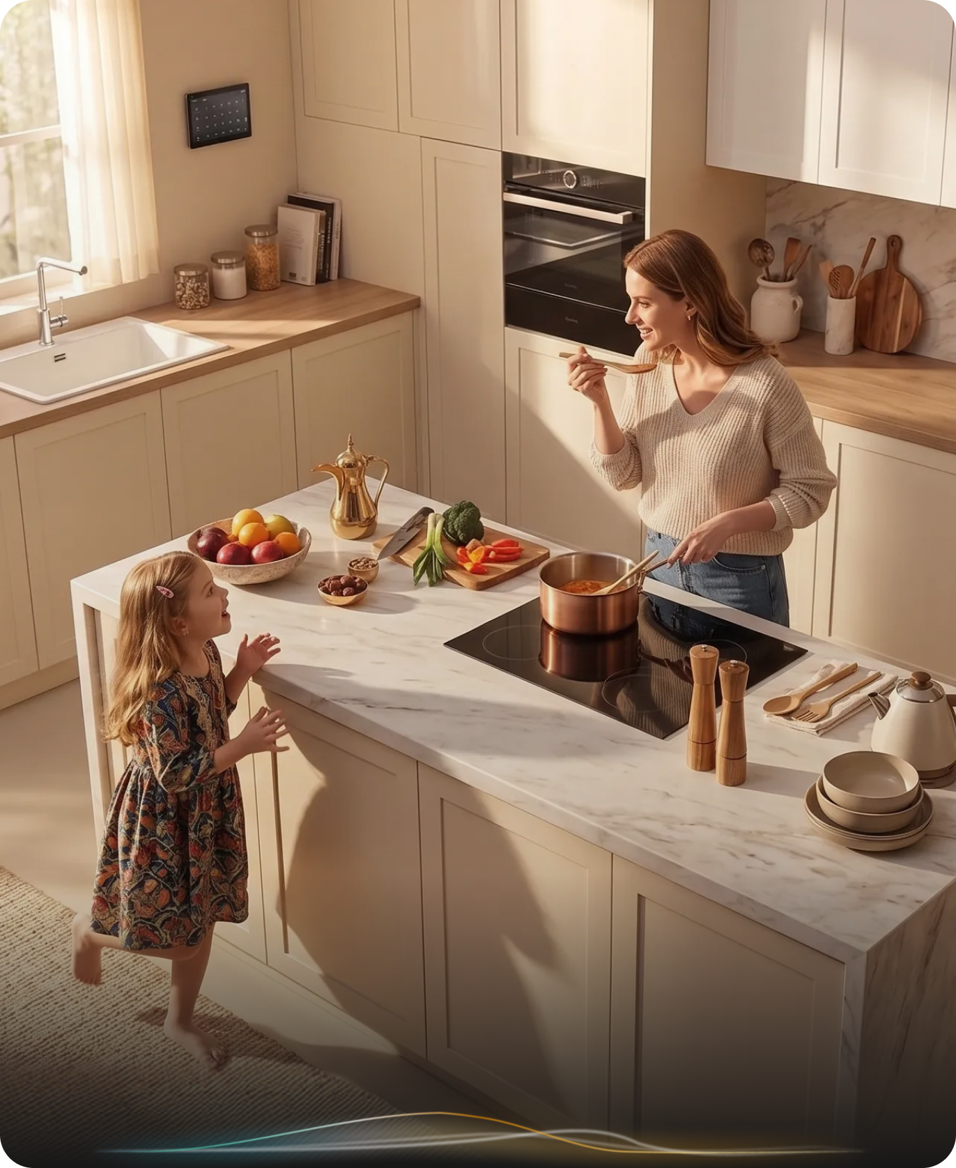 A mother tasting soup at the kitchen island while her young daughter looks up at her