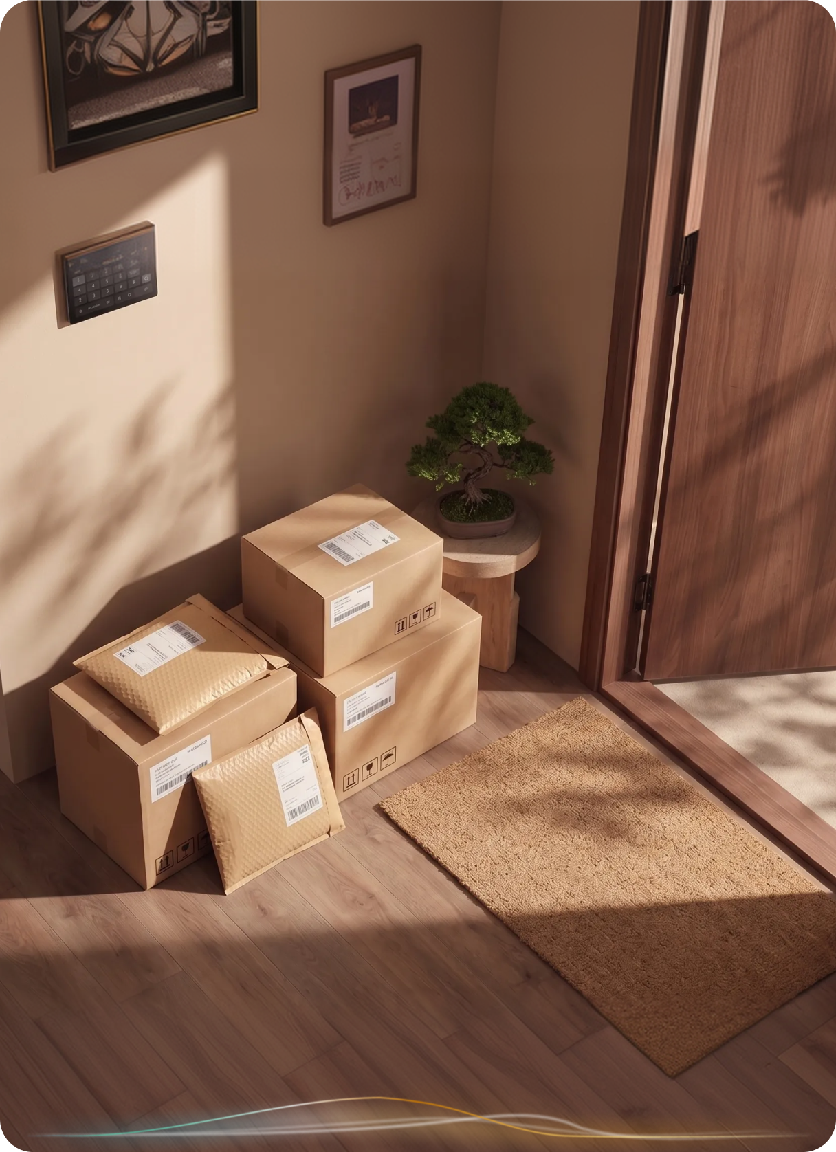 Delivery boxes and parcels stacked by the front door beside a wall-mounted intercom keypad