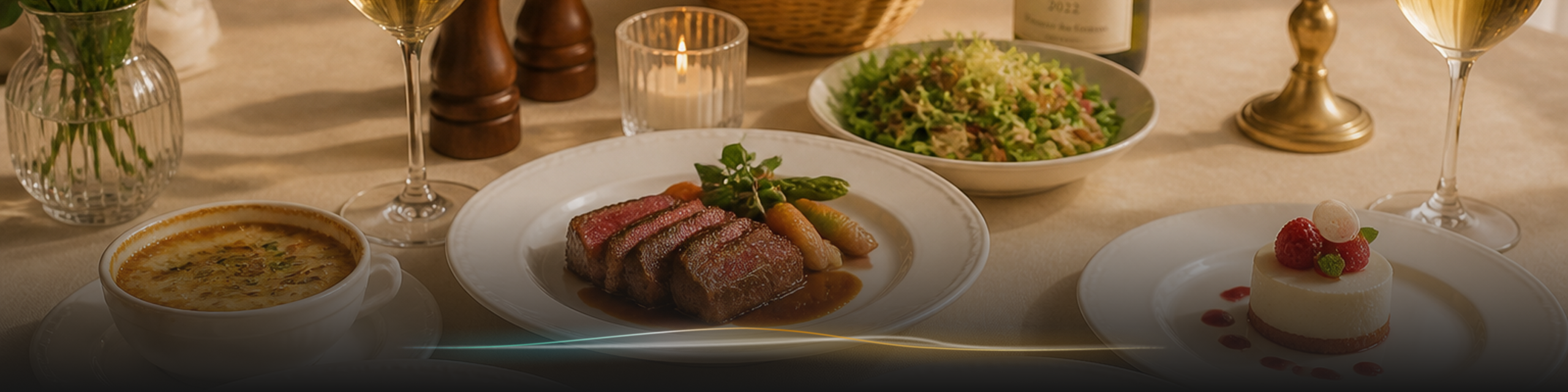 A dining table set with a hero plate of sliced steak and vegetables, soup, salad, dessert and wine
