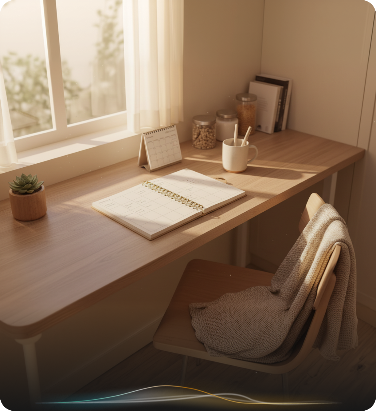 A sunlit home-office desk with an open weekly planner, standing calendar and potted succulent by a window