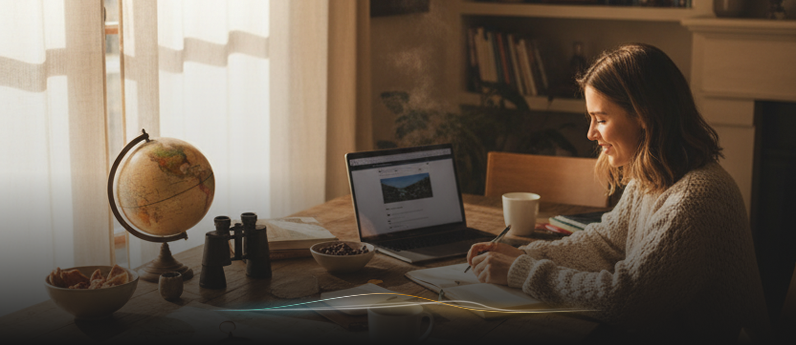 A woman writing in a notebook beside a laptop, globe and binoculars while planning a trip at a sunny table