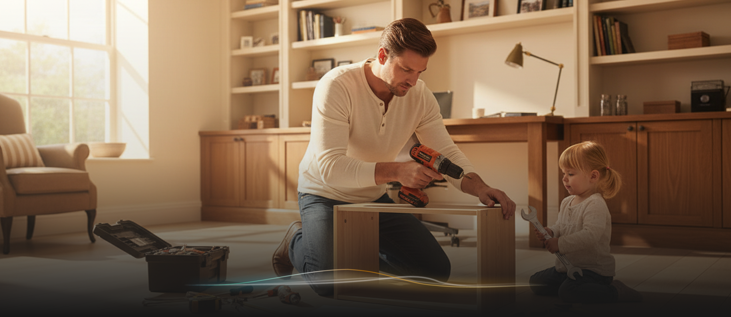 A man using a power drill to assemble a cabinet on the floor while a toddler beside him holds a wrench