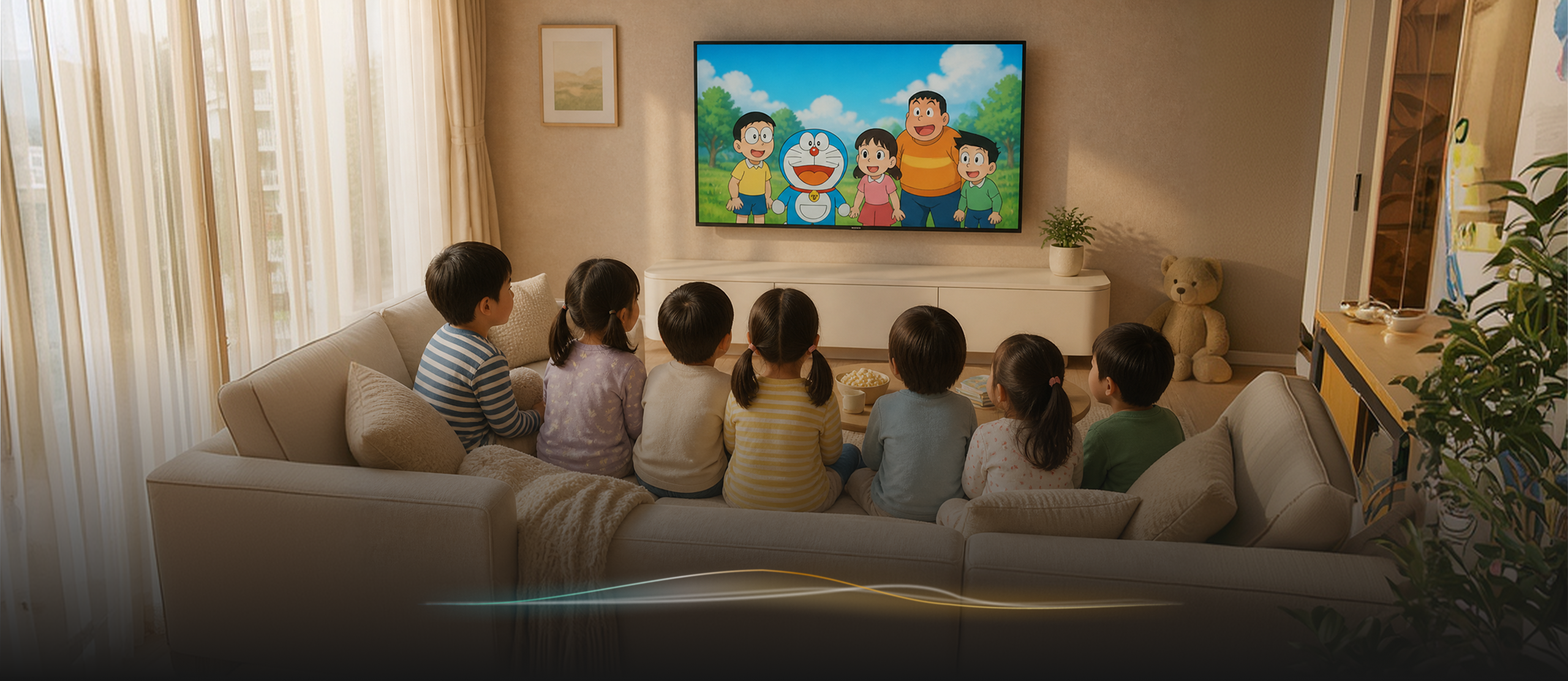 Children sitting together watching a cartoon on TV