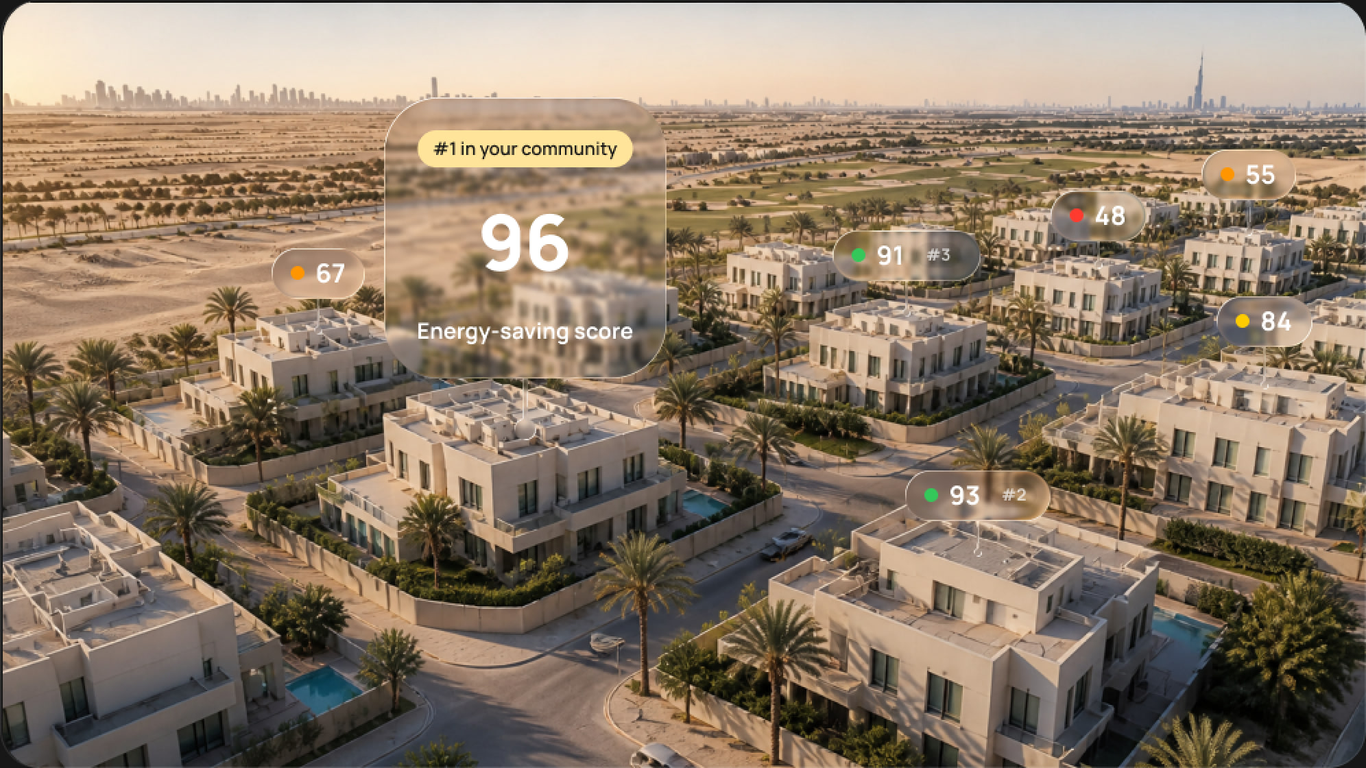 Aerial view of villa community with energy scores — #1 in your community, energy-saving score 96